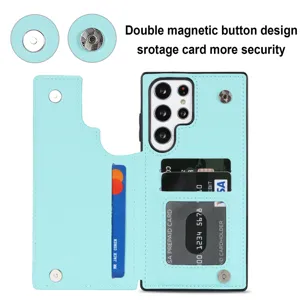 Funda cartera de cuero azul claro Samsung S25 Ultra con ranuras para tarjetas y dobles botones imán.