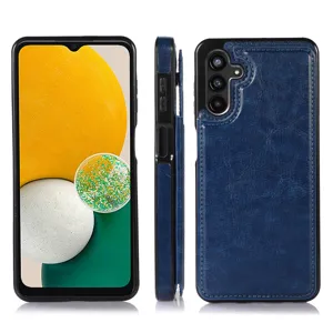 Custodia per telefono in pelle blu con porta carte e protezione antiurto resistente.