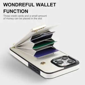 Detalle funda de teléfono con tarjetero acordeón de cuero blanco, ranura multifuncional.