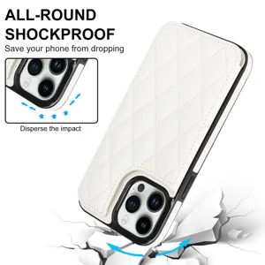 Detailed view of white quilted leather phone case with card slot and double buckle shockproof.