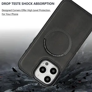 Vue détail de la coque de téléphone magnétique en cuir noir avec coins antichocs et charge sans fil.