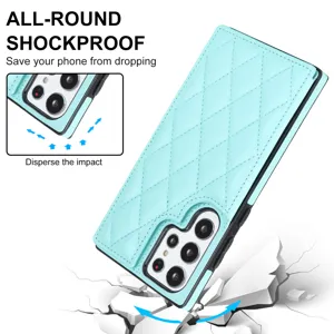 Funda Samsung S25 Ultra de cuero acolchado tarjetero azul protector antichoque elegante