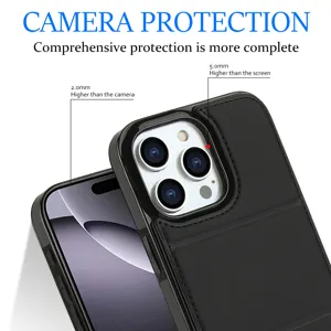 Funda de cuero negro con tarjetero y detalle de la protección avanzada para la cámara.
