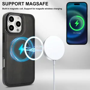 Gedetailleerd overzicht van de leren hoes met draadloze oplaadspoel en MagSafe support.