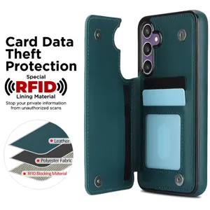 Prasini dermatini thiki tilefonou me thiki karton kai prostasia RFID gia kathimerini xrisi.