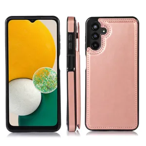 Custodia a portafoglio in pelle oro rosa con porta carte e ritagli precisi per Samsung.
