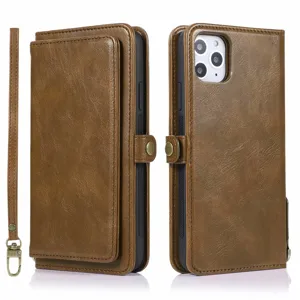 Custodia a portafoglio in pelle marrone con cinturino rimovibile, design magnetico 2 in 1.