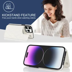 White quilted leather phone case with card slot and kickstand for iPhone 16 Pro Max