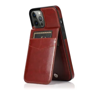 Bruine lederen telefoonhoes met kaarthouder standaard voor iPhone, vintage beschermhoes.
