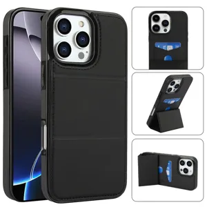 Funda de cuero negro para teléfono con tarjetero y soporte, cubierta ultrafina para iPhone.