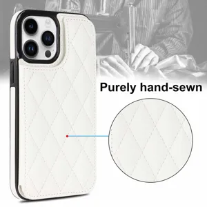 White quilted leather phone case with card slot and black frame, exquisite hand-sewn detail.