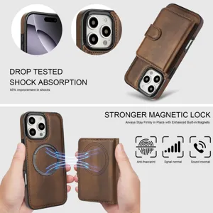Magnetisch lederen hoesje met kaarthouder en sterke magsafe ondersteuning voor telefoon.