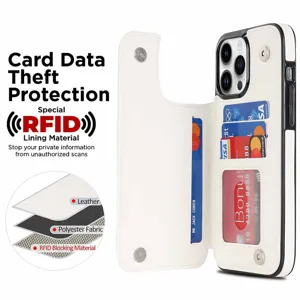 Detailed view of white quilted leather phone case with RFID blocking and double card slots.