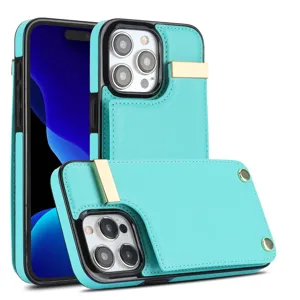 Funda de cuero cian para teléfono con tarjetero, soporte de metal y diseño de acordeón.