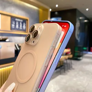 Frosted magnetic phone case detail view, showcasing slim matte finish and camera protection.
