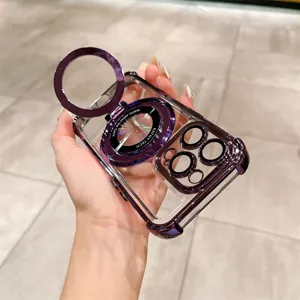 Funda de Teléfono con Soporte Magnético Transparente Galvanizado para Serie iPhone Cubierta Antigolpes Compatible con MagSafe Protección de Lente