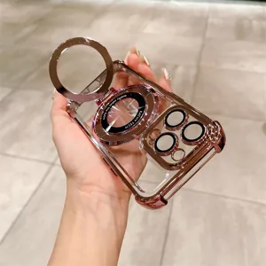 Funda de teléfono magnética transparente chapada en oro rosa con soporte y protector.