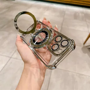 Funda de teléfono transparente magnética con soporte y protección de cámara para iPhone.