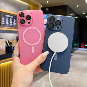 Frosted magnetic phone case for iPhone, ultra-thin hard cover with lens protection and charging.