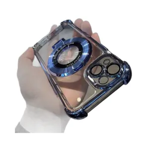 Funda de teléfono magnética transparente con soporte de anillo y protección para iPhone.