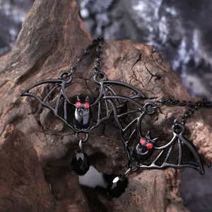Gothic bat earrings with red crystal eyes and black teardrop pendant for Halloween jewelry.