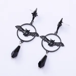 Gothic black bat drop earrings with crystal charms, punk style jewelry for Halloween party.