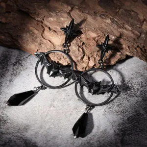 Gothic bat earrings featuring star studs and black crystal teardrop pendants for Halloween.
