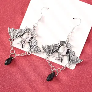 Gothic Bat Earrings with Black Crystal Teardrop Dangle Vintage Silver Punk Jewelry for Women