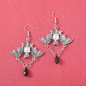 Gothic bat dangle earrings, silver tone punk drop earrings with black teardrop charms for party.