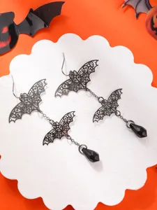 Gothic bat dangle earrings featuring black crystal teardrop pendants for Halloween fashion.