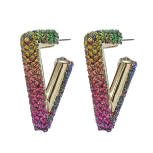 Gorgeous colorful rhinestone geometric V-shaped earrings stylish statement fashion jewelry.