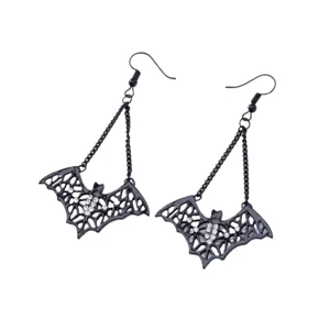 Gothic black bat dangle earrings with sparkling rhinestones, perfect for Halloween parties.