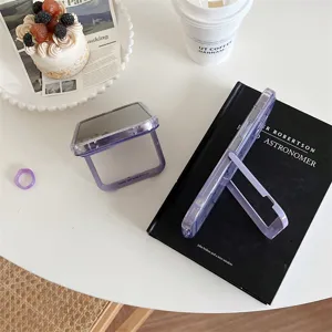 Lila transparente Handyhülle mit unsichtbarem Klappständer für iPhone Serien Modelle.