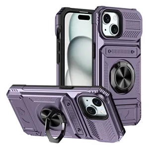 Funda de Teléfono Magnética Antigolpes Negocios Con Porta Tarjetas Soporte Anillo Protección Lente Deslizante Armadura