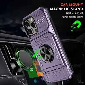 Funda de teléfono magnética resistente para iPhone 16 Pro Max con tarjetero y soporte de anillo.