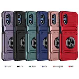 Detailed display of rugged armor phone case with ring stand and card slot features.