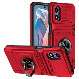 Rugged protective phone case with ring stand and card slot for Motorola series, red durable cover.