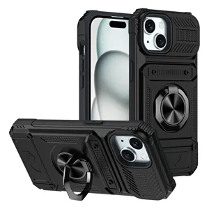 Funda protectora resistente con soporte de anillo tarjetero magnético para iPhone 16 15 14