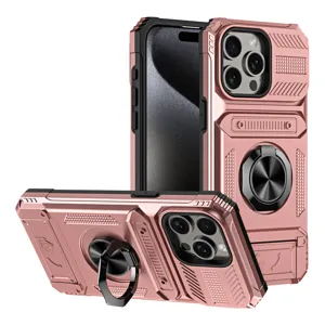 Detalle de funda robusta en oro rosa con soporte de anillo integrado, tarjetero y base magnética.