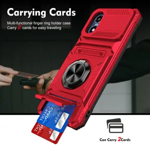 Red phone case detail view featuring card slot, finger ring holder and sliding camera cover.