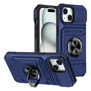 Funda de teléfono resistente para iPhone con tarjetero y anillo, carcasa protectora.