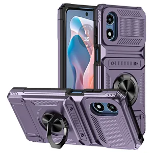 Rugged phone case with ring stand card slot and camera cover for Motorola G 5G 2024