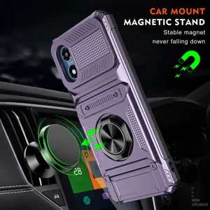 Rugged phone case with magnetic ring stand and camera cover for secure car mount use and drop protection.