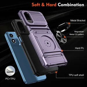 Rugged phone case with metal ring bracket and card slot, hard PC and soft TPU cover.