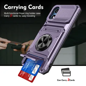 Detailed view of the purple phone case with card holder, ring stand and sliding camera cover.