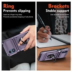 Detailed view of the purple phone case featuring a secure ring holder and stable kickstand support.