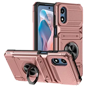 Rose gold rugged protective phone case with ring holder and slot for Motorola smartphones.