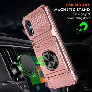 Rugged phone case with ring holder card slot and magnetic car mount compatibility in rose gold
