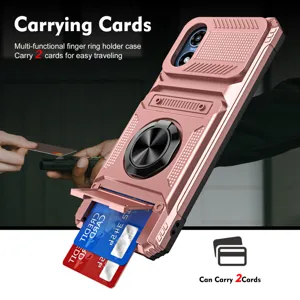 Rose gold protective phone case with card slot holder, ring stand, and camera slide cover.