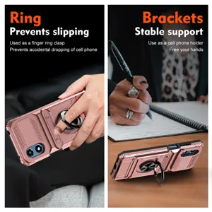 Rugged phone case detail view showing rotatable ring holder and sturdy kickstand function.